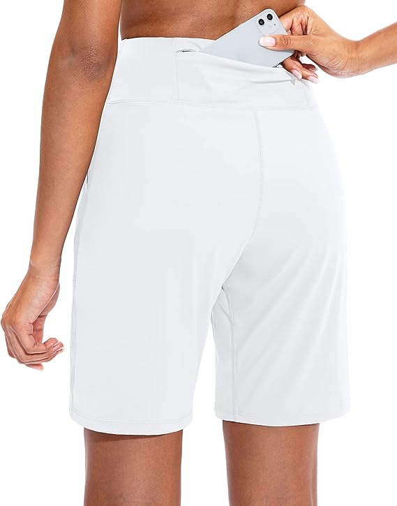 SANTINY Bermuda Shorts for Women with Zipper Pocket Womens High Waisted Long Shorts for Running Workout Athletic(A White) - Image 4