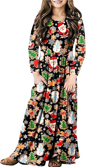 Girls Maxi Dress Casual Holiday Long Dresses with Pockets (Christmas)