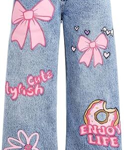 Girl's Y2k Graphic Jeans Butterfly Print Jeans Elastic High Waisted Straight Leg Denim Pants (Pant 2)