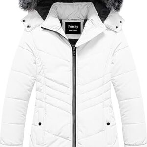 Girls' Warm Winter Coat Long Parka Fleece Lined Waterproof Puffer Jacket With Removable Hood(White)
