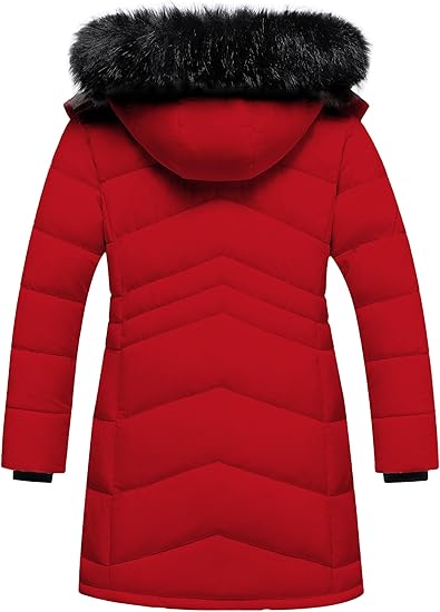 Winter Coats Kids Waterproof Long Puffer Jacket Thicken Fleece Lined Ski Parka with Detachable Fur Hooded (Red) - Image 5