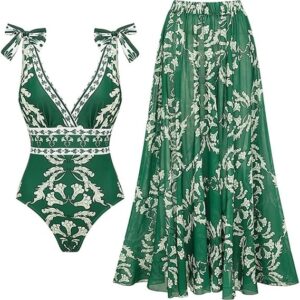 FLAXMAKER Blue and White V Neck Lace Up Strip Plant Prints One Piece Swimsuit and Skirt/Sarong(Green #1 Swimsuit and Skirt)