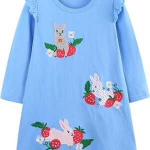 Toddler Girls Dress Cotton Embroidery Applique Short Sleeve Dresses(Bunny and Strawberry)