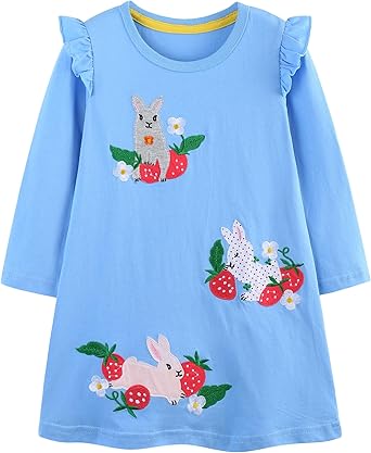 Toddler Girls Dress Cotton Embroidery Applique Short Sleeve Dresses(Bunny and Strawberry)