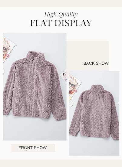 Winter Fleece Jacket for Women 2025 Zipper Stand Collar Casual Coats with Pockets (Purple) - Image 3