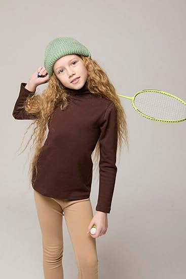 Girls' Basic Long Sleeve Turtleneck Cotton T-Shirt(Brown) - Image 3