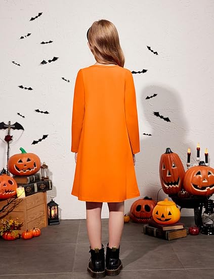 Girls Dress Kids Long Sleeve Solid Color Casual T-Shirt Dress(Orange) - Image 5