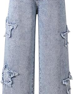 Girl's Bowknot Print Washed Jean Elastic Waist Denim Pants Straight Leg Trousers with Pockets (pant 4)