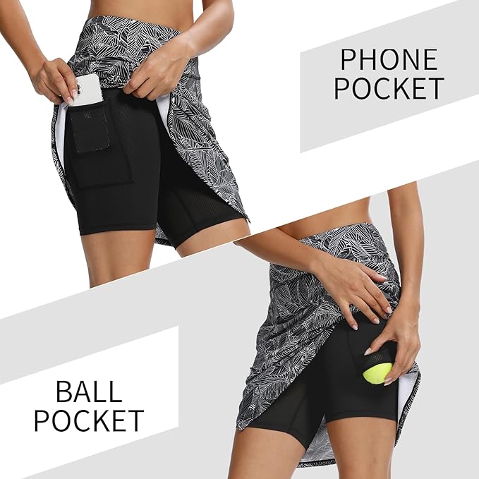 M MOTEEPI Skorts for Woman Golf Skirt Knee Length Tennis Athletic Skorts with Pockets( Black Leaf) - Image 4