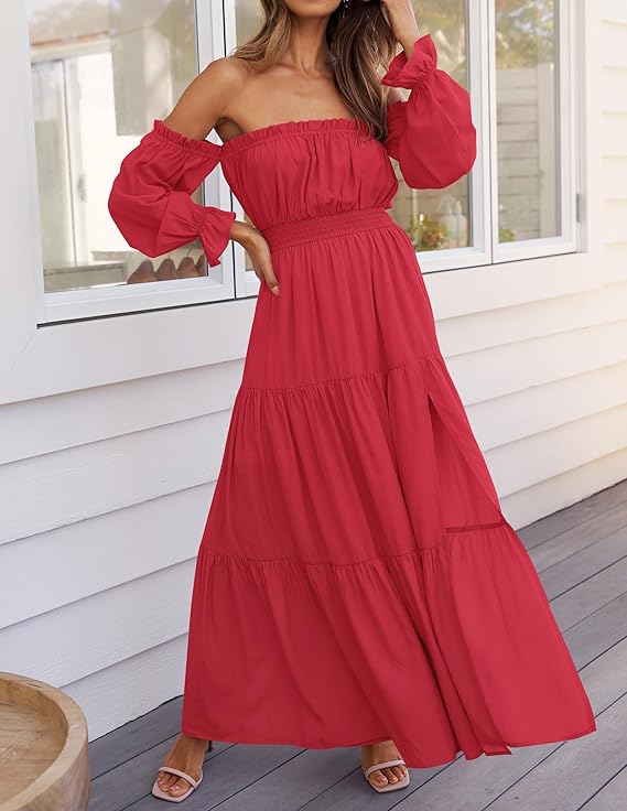 ZESICA Women's Boho Sexy Off Shoulder Long Sleeve Long Maxi Dress(Cherry) - Image 3