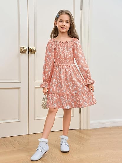 Girls Fall Long Sleeve Floral Dresses Kids Square Neck Smocked Holiday Party Dress(Coral Red) - Image 5