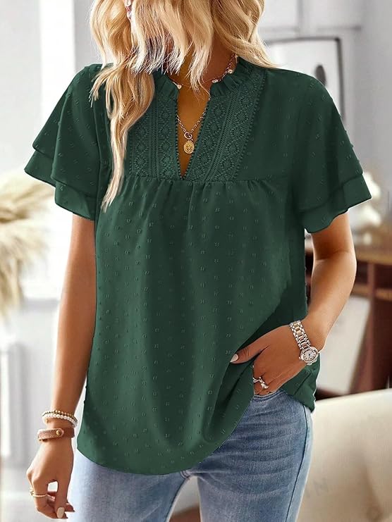 Womens Tops Butterfly Sleeve V Neck Blouses for Women(Dark Green) - Image 3
