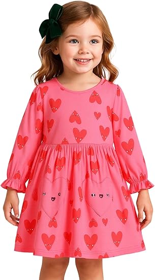 Toddler Girl Long Sleeve Dress Cotton Casual Jersey Shirt Playwear Applique Dress(pink)