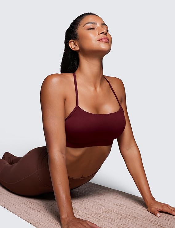 CRZ YOGA Butterluxe Y Back Sports Bras for Women - Padded Racerback Low Impact Spaghetti Thin Strap Workout Yoga Top(Red Merlot) - Image 2