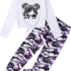 Girls' Clothing Sets Bow Knot Long Sleeve T-Shirt & Camo Print Elastic Waist Pants Girls Clothes Size(Purple)