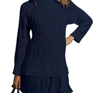 Women Cable Knit Sweater Dress Crewneck Long Sleeve Pleated Mini Dress(Navy)