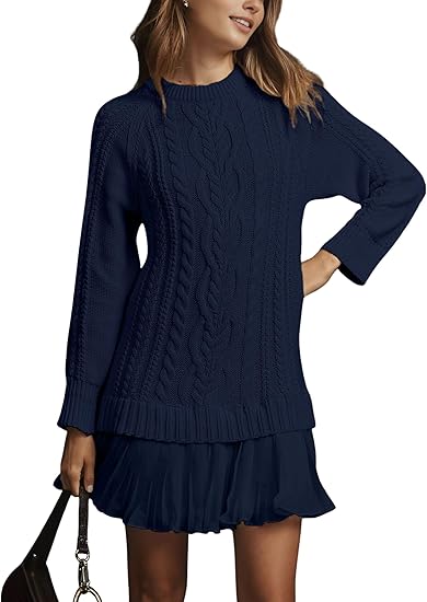 Women Cable Knit Sweater Dress Crewneck Long Sleeve Pleated Mini Dress(Navy)