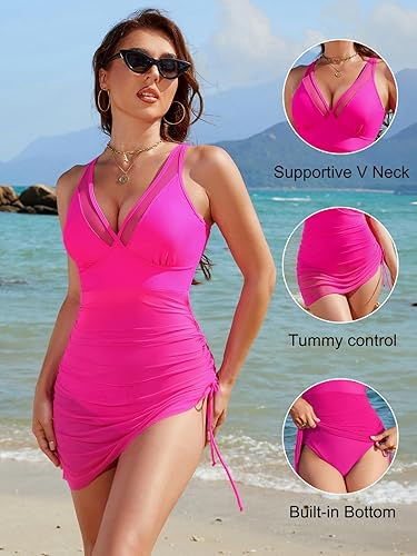 Blooming Jelly Women One Piece Swim Dress Tummy Control Swimsuits ( Hot Pink) - Image 4