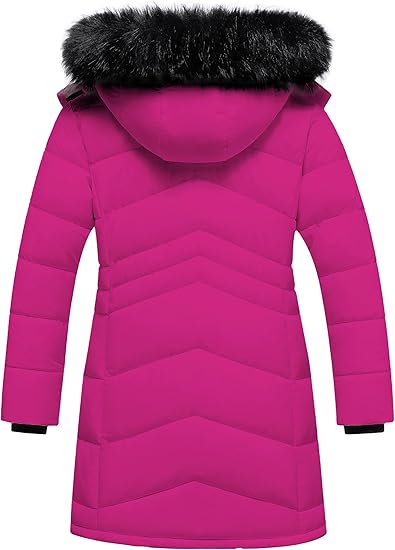Winter Coats Kids Waterproof Long Puffer Jacket Thicken Fleece Lined Ski Parka with Detachable Fur Hooded (Pink) - Image 5