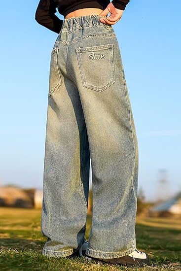 Kids Girls Elastic Waist Cool Ripped Jeans Washed Denim Wide Leg Ripped Denim Jean Age (Pant 3) - Image 4