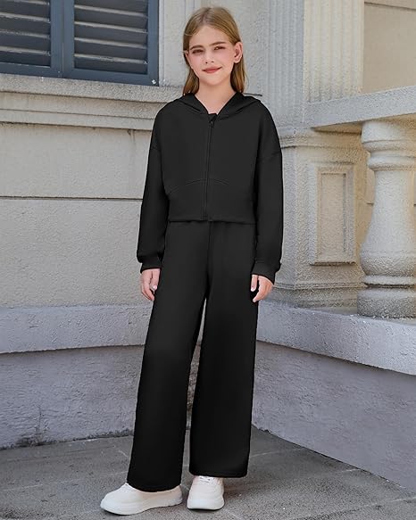 Girls 2 Piece Outfits Hoodie Zip Drop Shoulder Sweatshirt and Sweatpants Set with Pockets Sweatsuit Fall Clothes(Black) - Image 5