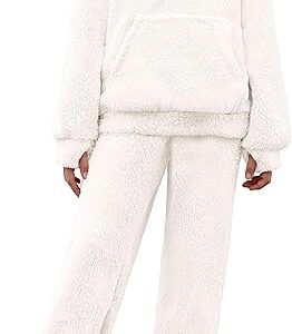 Girls 2 Piece Outfits Drop Shoulder Hoodie Half Zip Fluffy Sweatshirt and Fleece Pants Sweatsuit(Cream)
