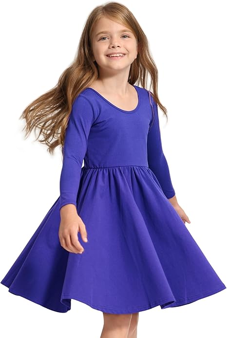 Long Sleeve Girls Dress Toddler White Dresses Skater Twirl Cotton A-Line Dress for School Casual(Royal blue )