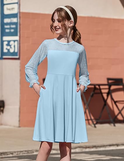 Girl's Contrast Mesh Puff Long Sleeve High Waist A Line Short Dress with Pockets(Light Blue) - Image 3