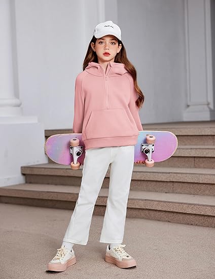 Girls Half Zip Sweatshirt Fleece Hooded Pullover for Teen Long Sleeve Tops Fall Winter Clothes Thumb Hole(orange pink) - Image 5