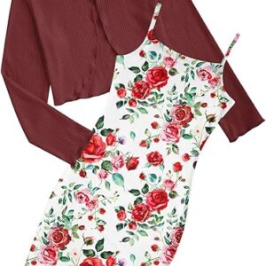 Girls Dresses Fall Outfits 2 Piece Floral Sleeveless Cute Dress and Cardigan(Red)