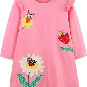 Toddler Girls Dress Cotton Embroidery Applique Short Sleeve Dresses(Flower and Ladybug)