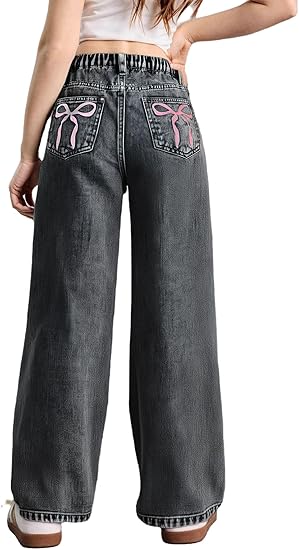 Girl's Bow Print Back Zipper Fly Elastic High Waist Denim Pants Basic Wide Leg Jeans (pant 3)
