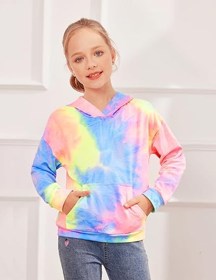 Girls Tie Dye Sweatshirts Loose Casual Hoodies Long Sleeve Pullover Hooded Tops With Pockets (Mix 2) - Image 4