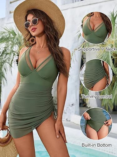 Blooming Jelly Women One Piece Swim Dress Tummy Control Swimsuits (Army Green) - Image 3