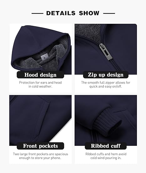 Kids Hoodie Fleece Jacket Warm Sherpa Lined Zip Up Hooded Sweatshirt Soft Winter Coat Boys Girls School Outerwear (Blue) - Image 3