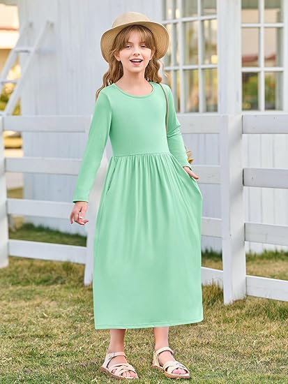 Girls Maxi Dress Long Sleeve Casual Holiday Dress with Pockets(Mint) - Image 4