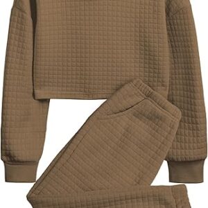 Girls 2 Piece Outfit Waffle Knit Pullover Hooded Sweatshirt and Sweatpants Clothing Sets Long Sleeve Tracksuits(Khaki)