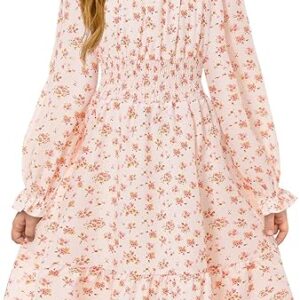 Girls Fall Long Sleeve Floral Dresses Kids Square Neck Smocked Holiday Party Dress(Pink)