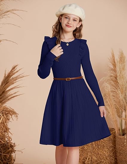 Girls Sweater Dress Fall Winter Long Sleeve Cable Knit Pullover Dresses(Deep Blue) - Image 3
