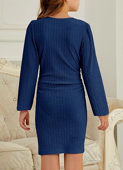 Girls Fall Dress Long Sleeve Formal Short Dress with Slit Ruched Bodycon Party Prom Dance Graduation (Deep Blue) - Image 4