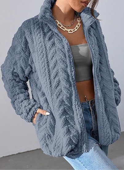 Winter Fleece Jacket for Women 2025 Zipper Stand Collar Casual Coats with Pockets (Grey) - Image 5