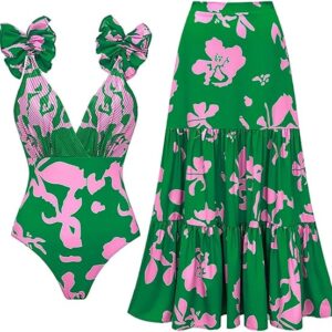 FLAXMAKER Blue and White V Neck Lace Up Strip Plant Prints One Piece Swimsuit and Skirt/Sarong(Green Swimsuit and Skirt)