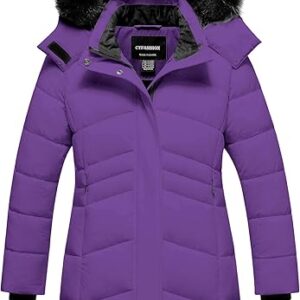 Winter Coats Kids Waterproof Long Puffer Jacket Thicken Fleece Lined Ski Parka with Detachable Fur Hooded (Purple)