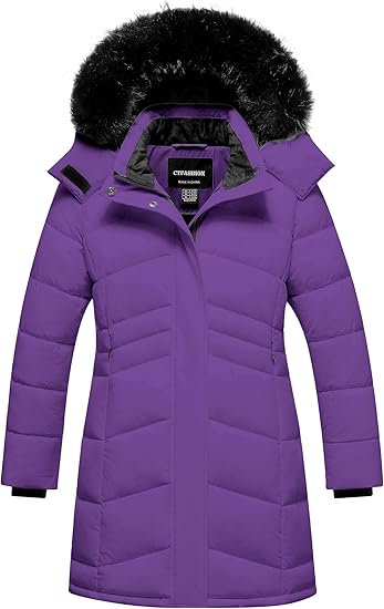 Winter Coats Kids Waterproof Long Puffer Jacket Thicken Fleece Lined Ski Parka with Detachable Fur Hooded (Purple)