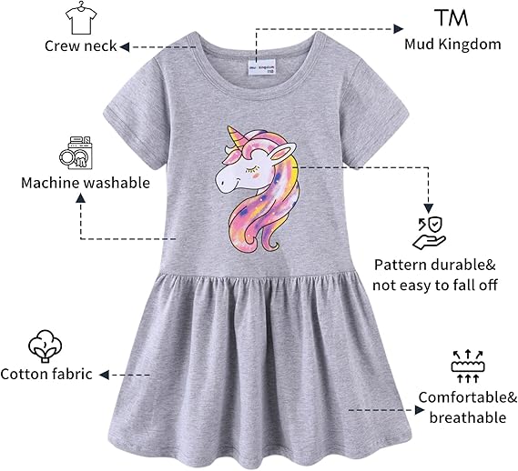 Mud Kingdom Cute Girls Unicorn Dresses Cotton Summer Short Sleeve(Unicorn S-gray) - Image 3