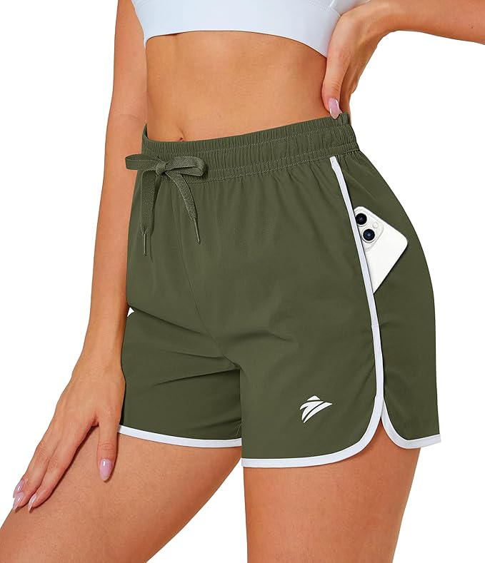 MAGCOMSEN Women's Athletic Shorts with Pockets Quick Dry Lightweight 3.5" Running Gym Workout Shorts Hiking Sport( Army Green)