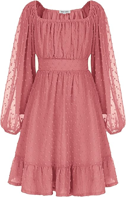 Girls Ruffle Tiered Dress Long Sleeve Swiss Dot Flowy A-Line Dress (Ravial Pink)