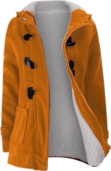 Womens Fashion Horn Button Fleece Thicken Coat with Hood Winter Warm Jacket (Brown)