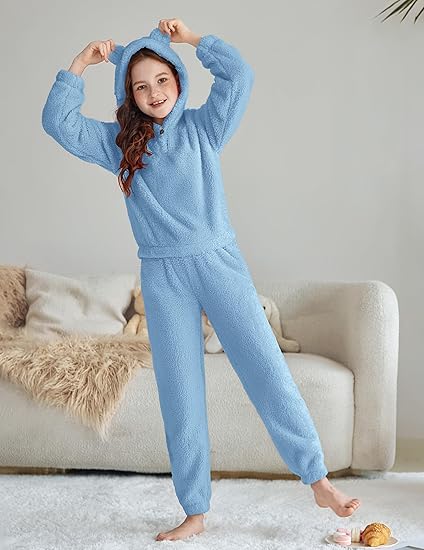 Girls 2 Piece Outfits Sweatsuit Fuzzy Long Sleeve Bear Ear Hoodie Sweatshirt and Sweatpant Kids Clothing Sets(Blue) - Image 4