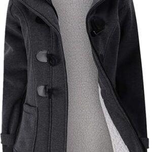 Womens Fashion Horn Button Fleece Thicken Coat with Hood Winter Warm Jacket (Grey)
